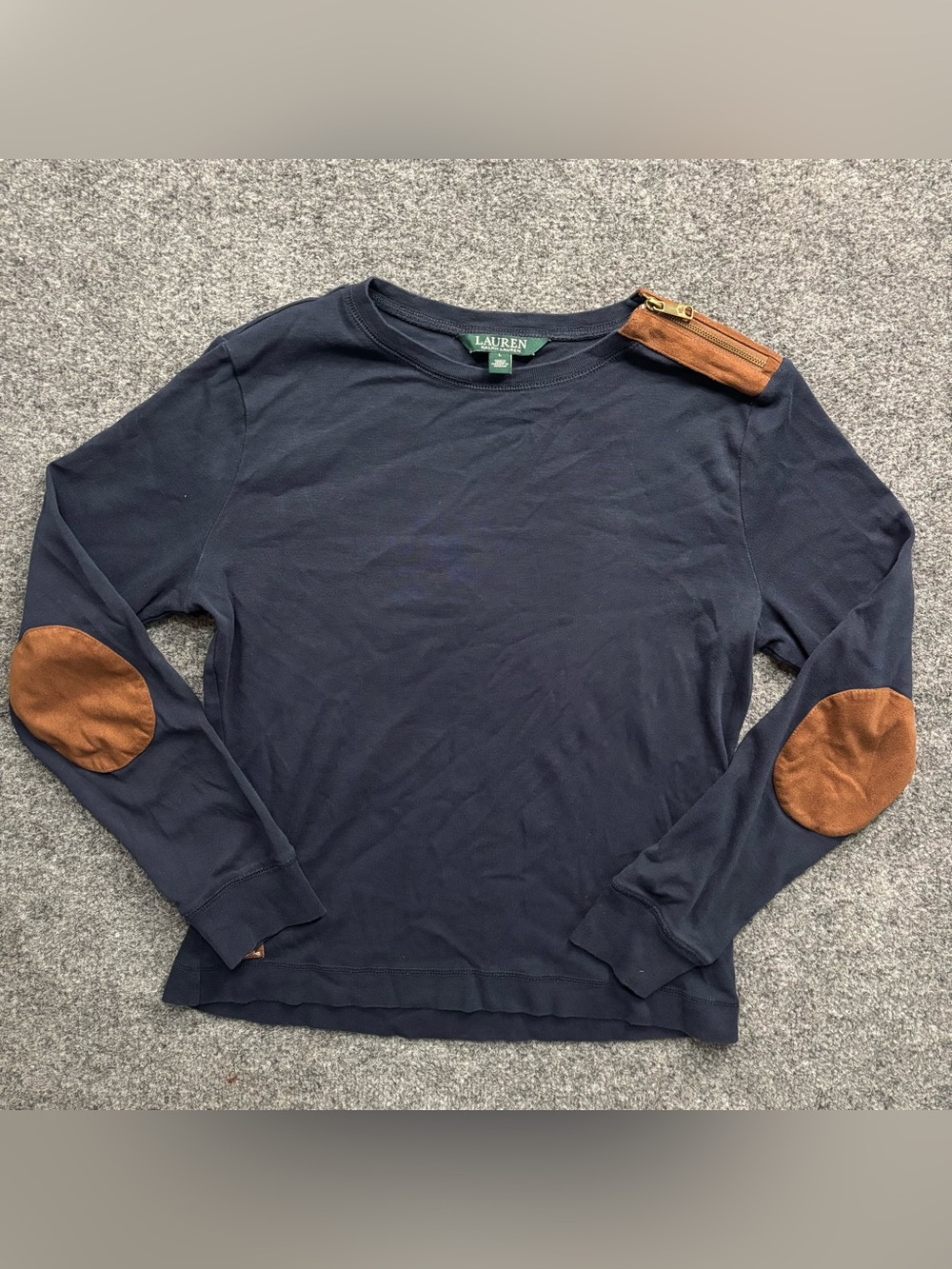 Lauren Ralph Lauren Women’s Navy Long Sleeve with Brown Elbow Patches